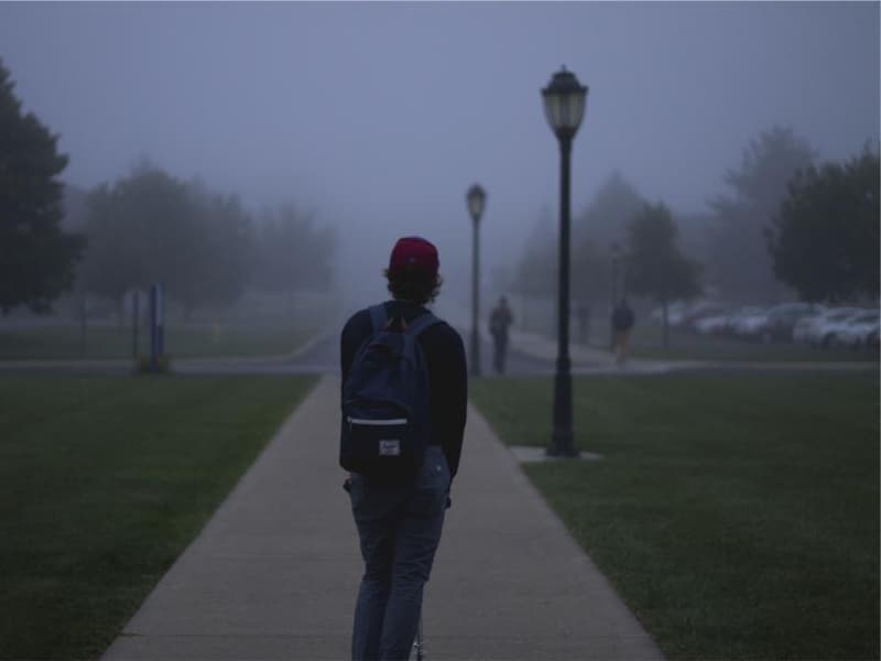 A person walking alone down a misty path